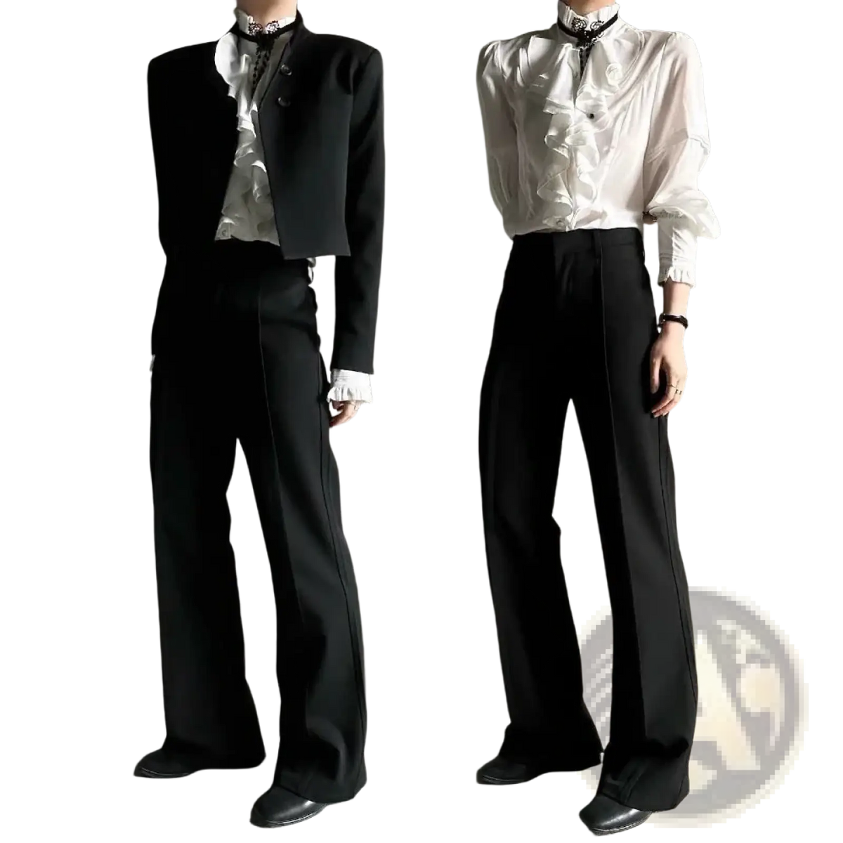 Black tailored blazer with ruffled white shirt collar and flared trousers in men solid color french retro casual set