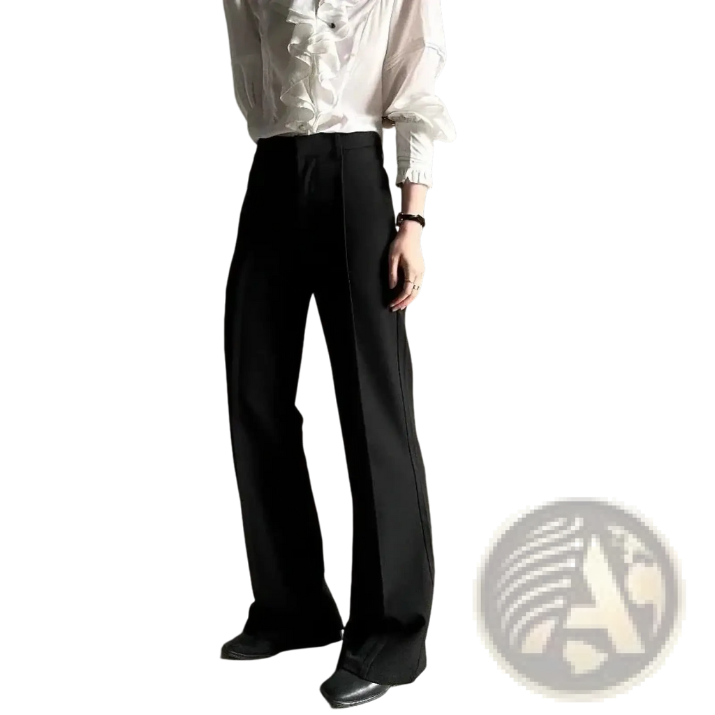 Black wide-leg trousers with sleek tailored fit and subtle vertical seam detailing from men solid color French retro casual set