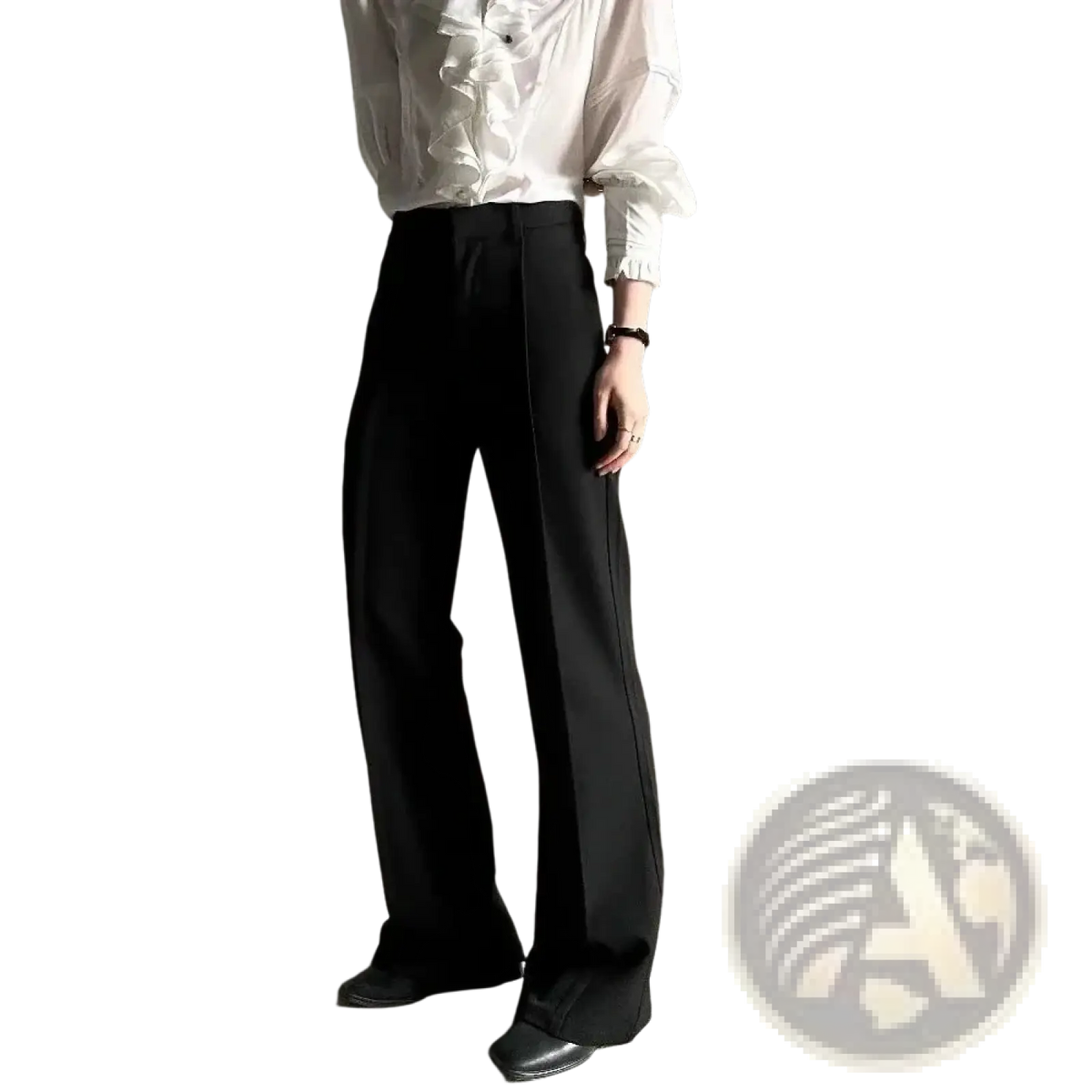 Black wide-leg trousers with sleek tailored fit and subtle vertical seam detailing from men solid color French retro casual set