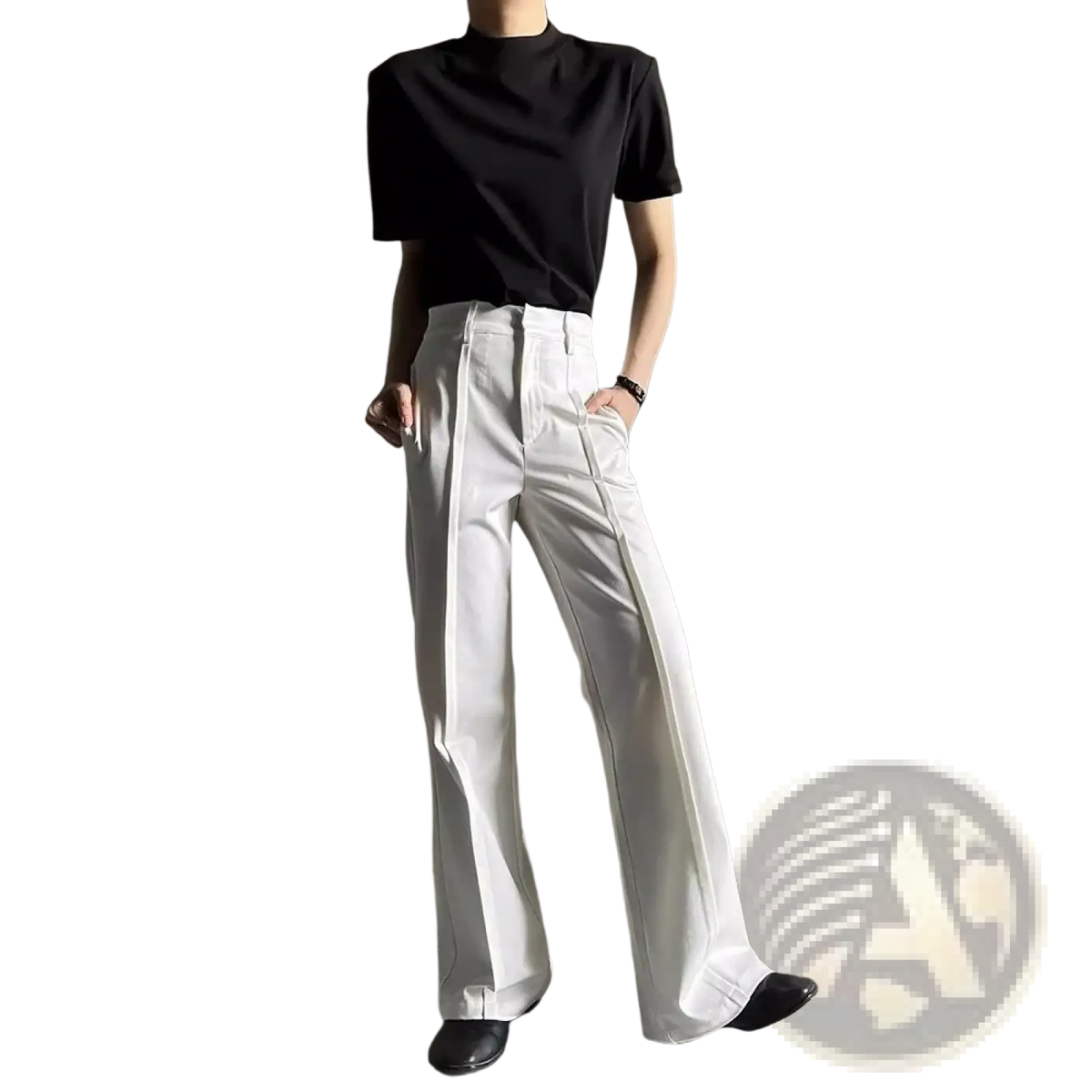 White high-waisted wide-leg trousers with a sleek modern cut in men solid color french retro casual shirt and trousers set