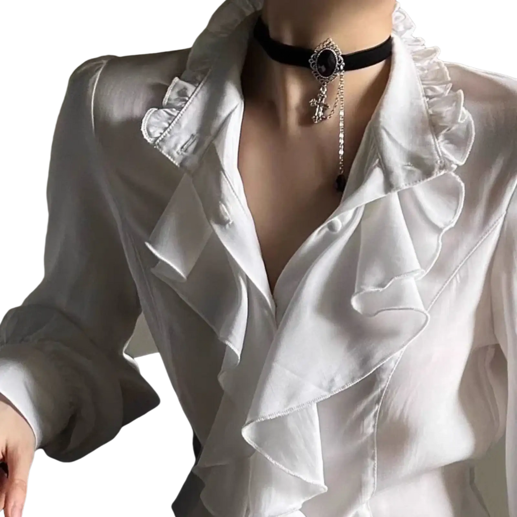 Black velvet choker necklace with silver ornate pendant and crystal chain paired with men solid color casual shirt and trousers