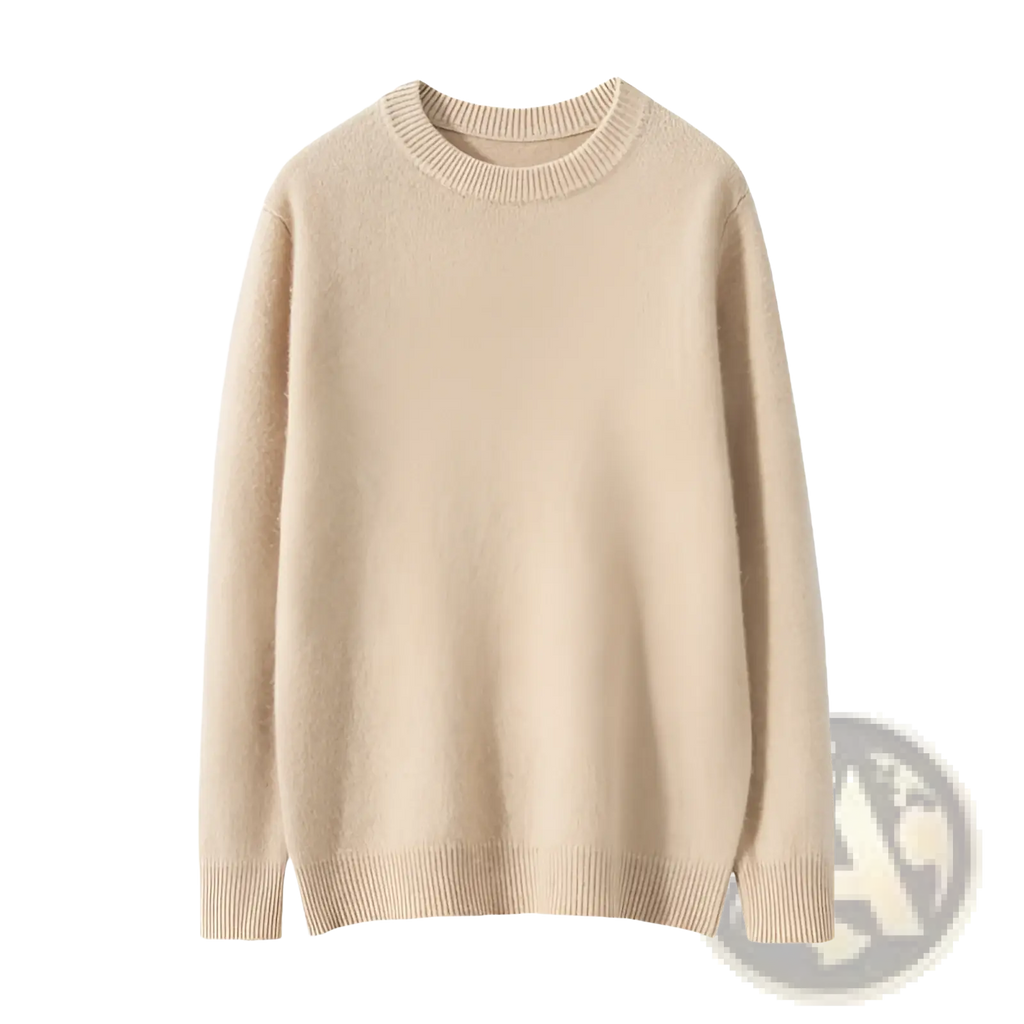 Beige slim fit men solid color knit sweater pullover with ribbed cuffs and hem crewneck design