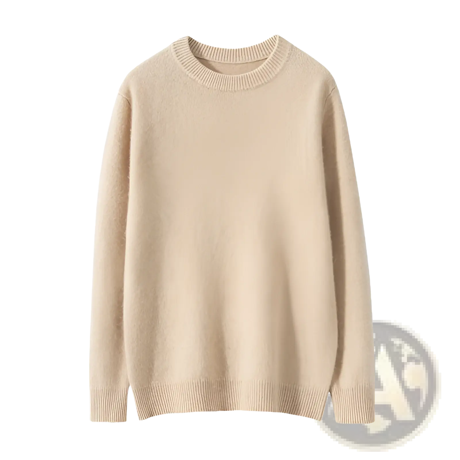 Beige slim fit men solid color knit sweater pullover with ribbed cuffs and hem crewneck design