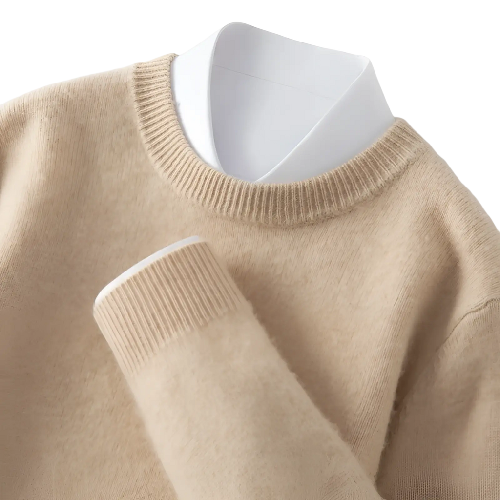 Beige cashmere men solid color knit sweater slim fit pullover with ribbed cuffs and neckline layered over white shirt