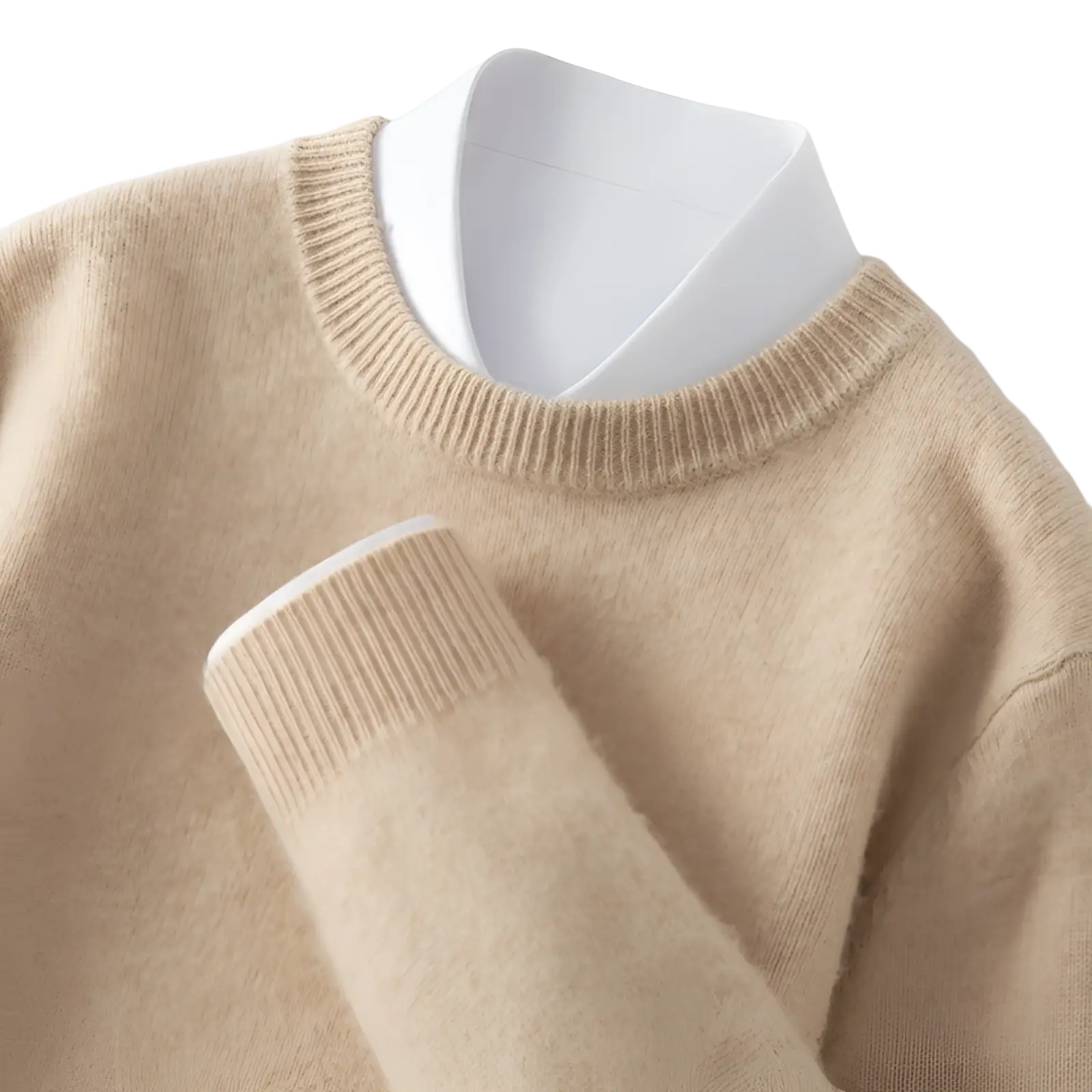 Beige cashmere men solid color knit sweater slim fit pullover with ribbed cuffs and neckline layered over white shirt