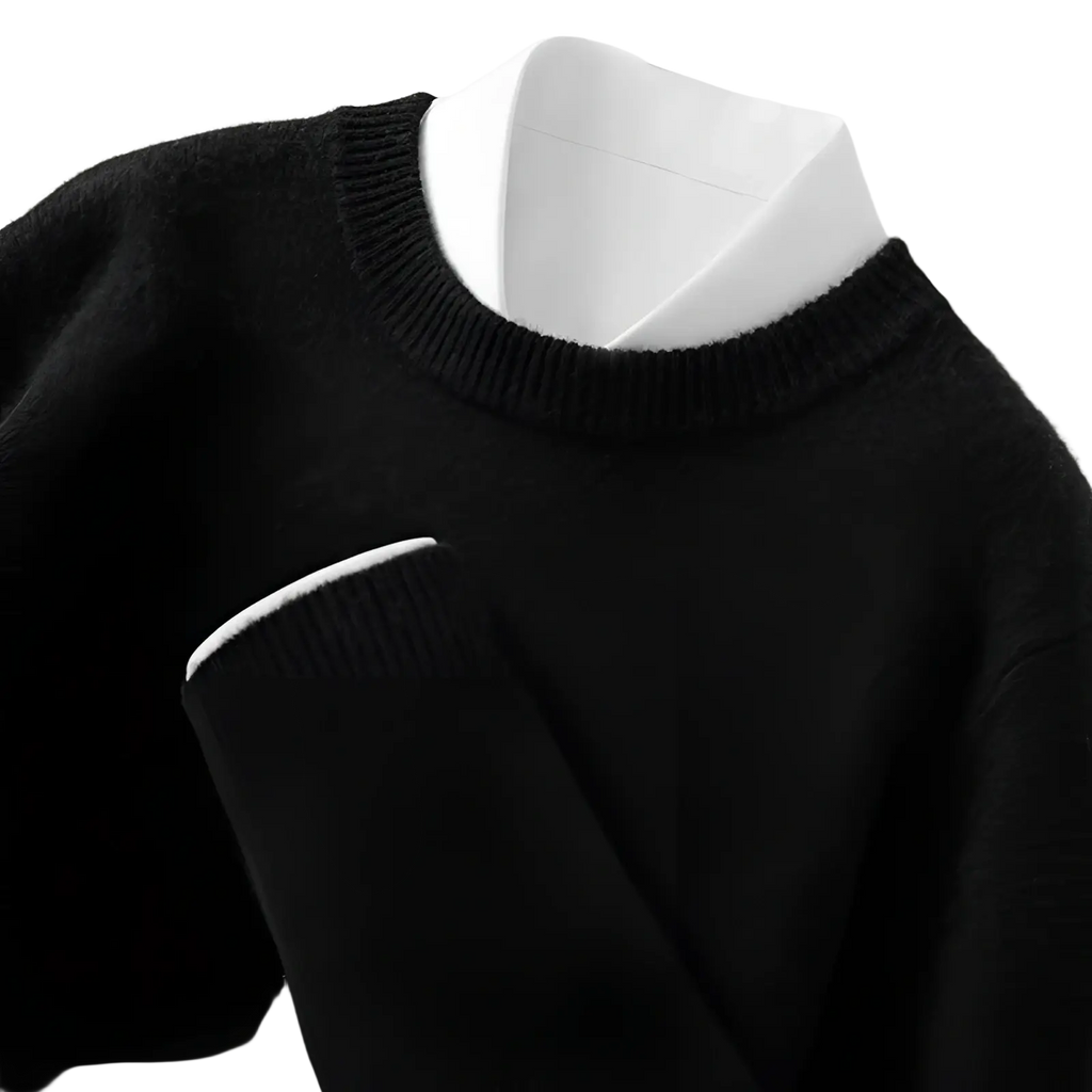 Men solid color black knit sweater slim fit pullover with ribbed cuffs neckline and contrasting white inner collar