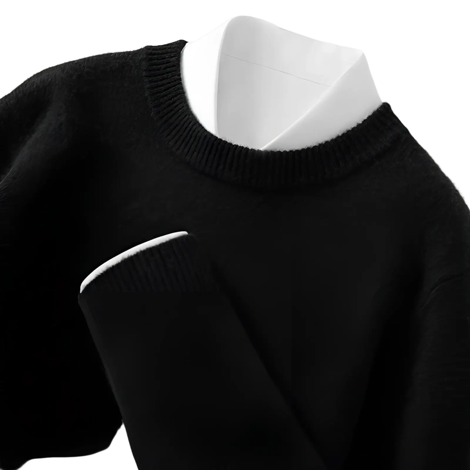 Men solid color black knit sweater slim fit pullover with ribbed cuffs neckline and contrasting white inner collar