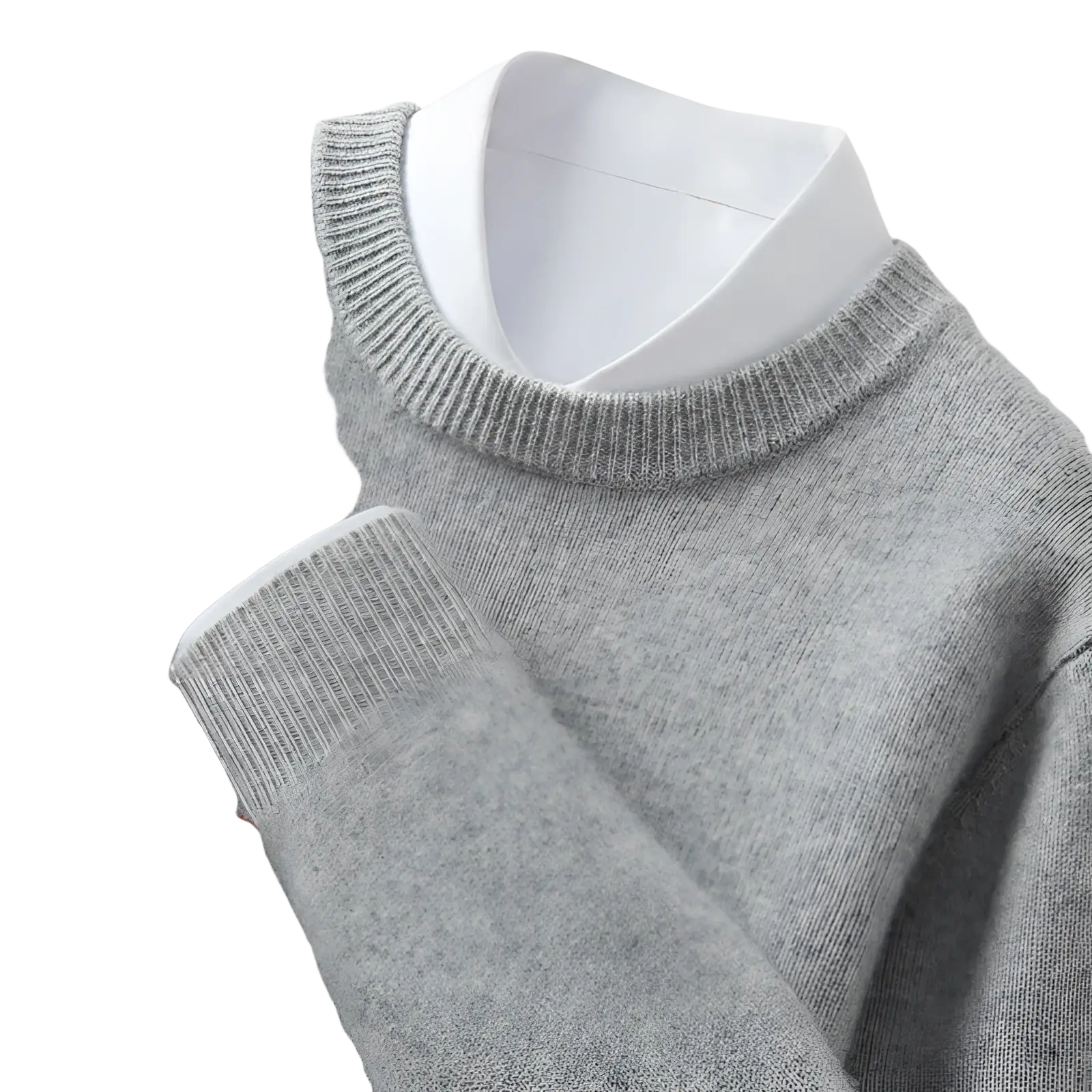 Men solid color gray knit sweater slim fit pullover with ribbed crew neck and cuffs worn over white collared shirt