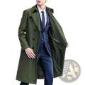 Men solid color long trench coat in olive green with black buttons and belted waist for stylish outerwear