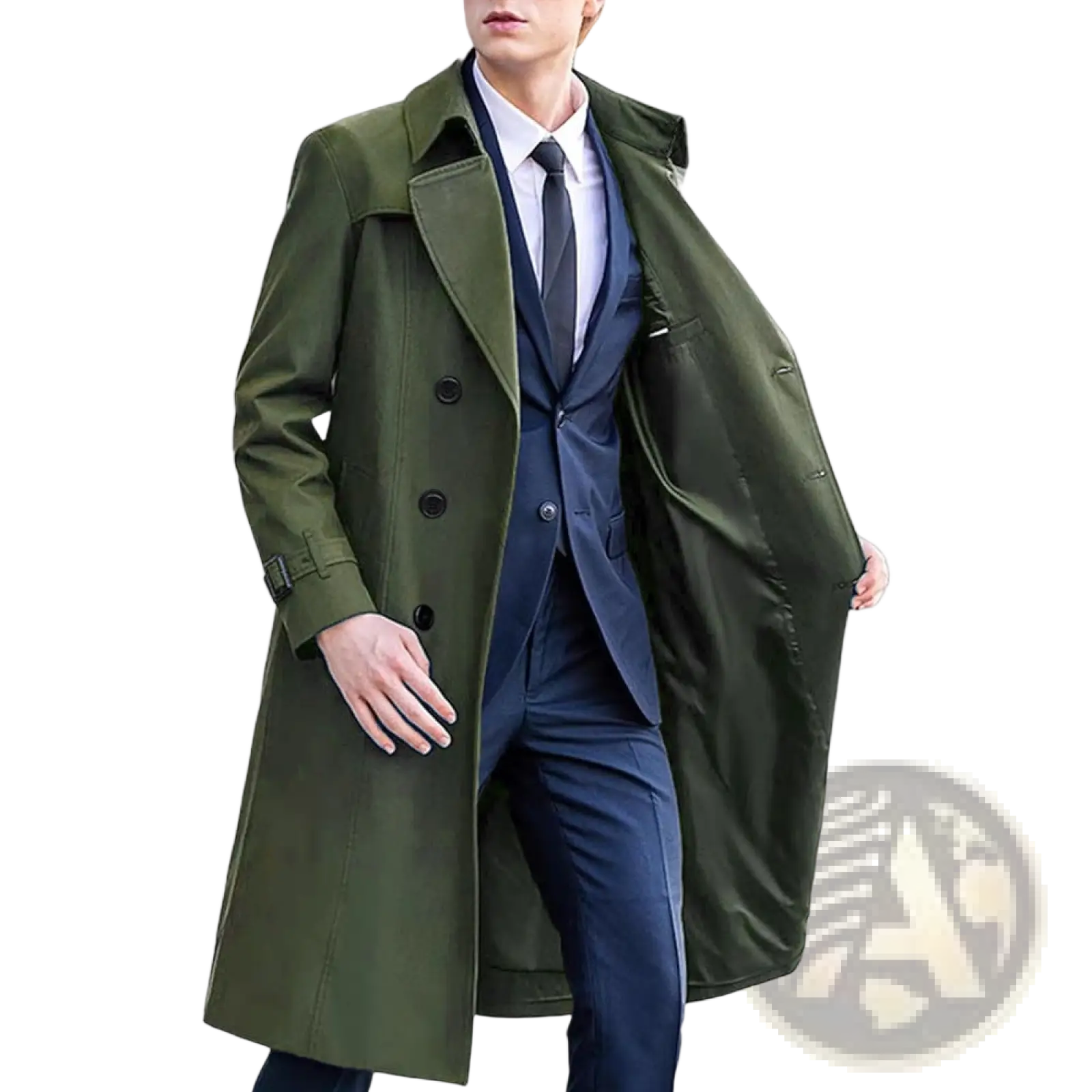 Men solid color long trench coat in olive green with black buttons and belted waist for stylish outerwear