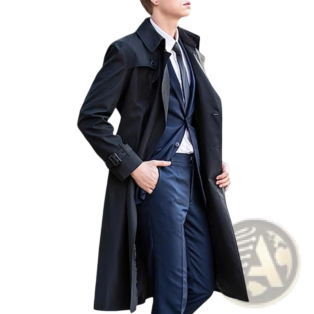 Men solid color long trench coat in black featuring a classic collar belted waist and double-breasted front