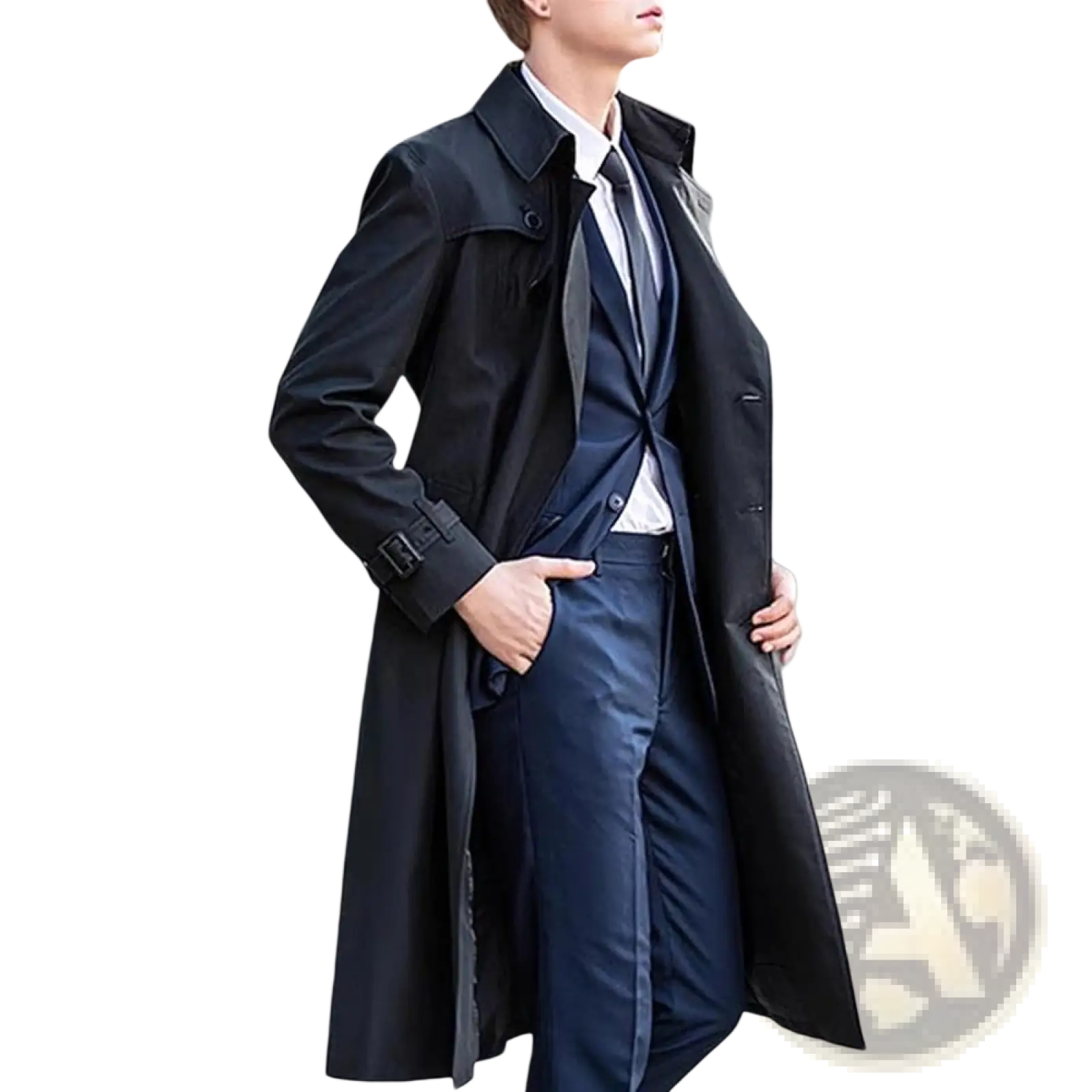 Men solid color long trench coat in black featuring a classic collar belted waist and double-breasted front