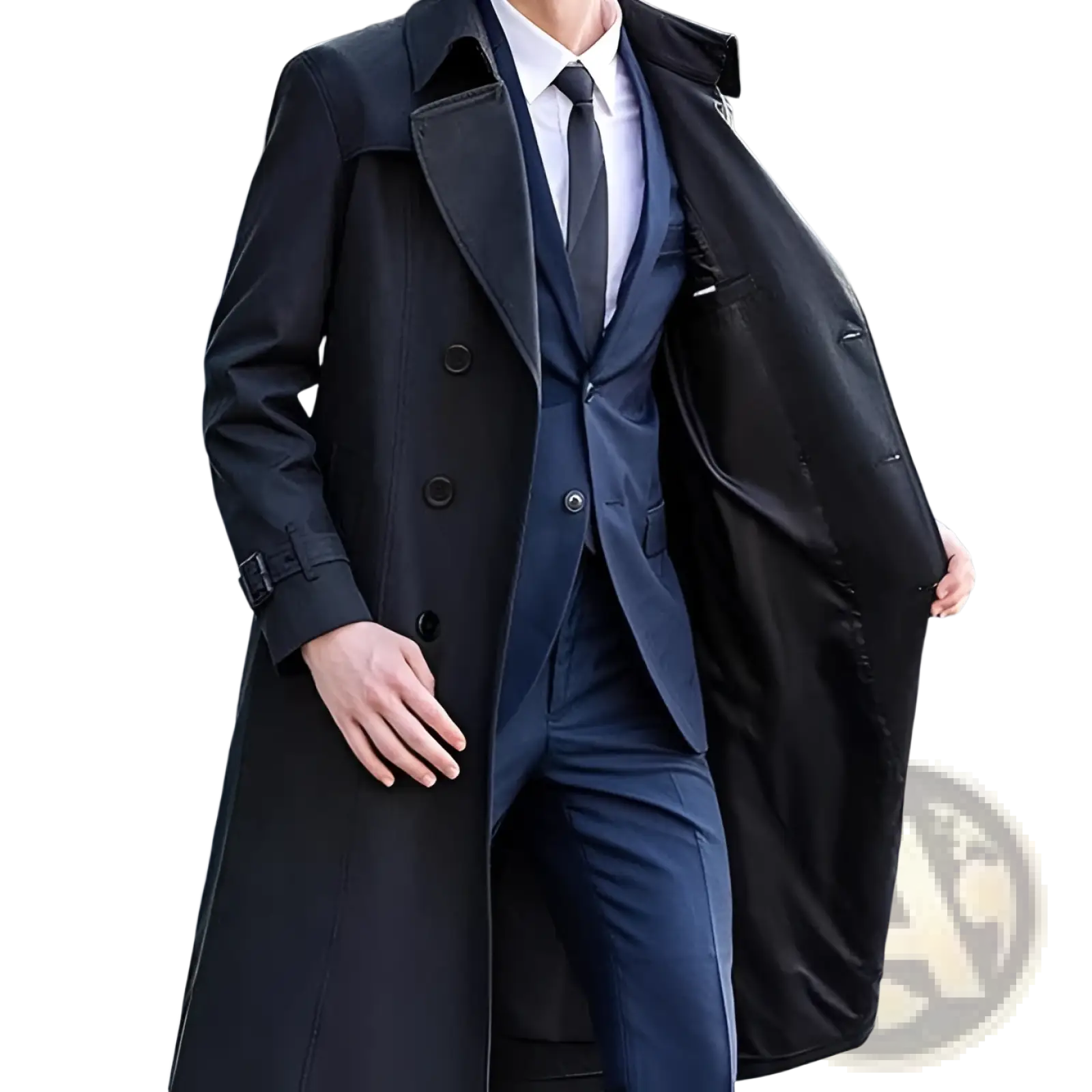 Men solid color long trench coat in black with classic double-breasted design and belted cuffs