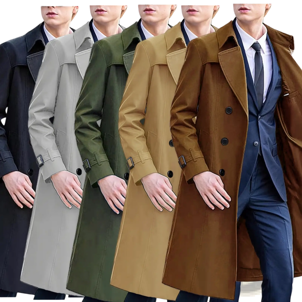 Men solid color long trench coats in black gray olive green tan and brown showcasing versatile outerwear options