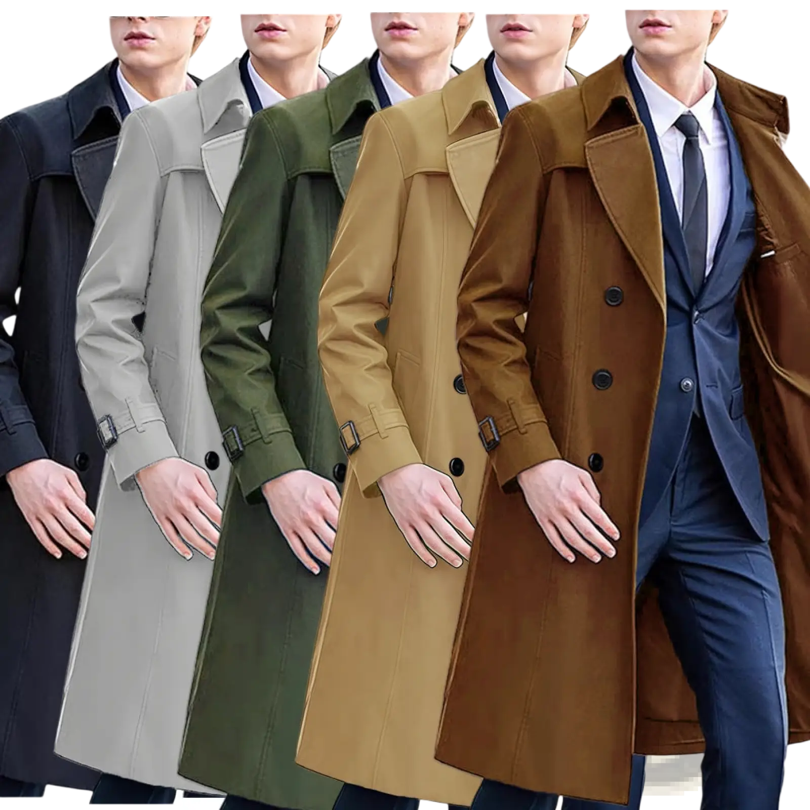 Men solid color long trench coats in black gray olive green tan and brown showcasing versatile outerwear options