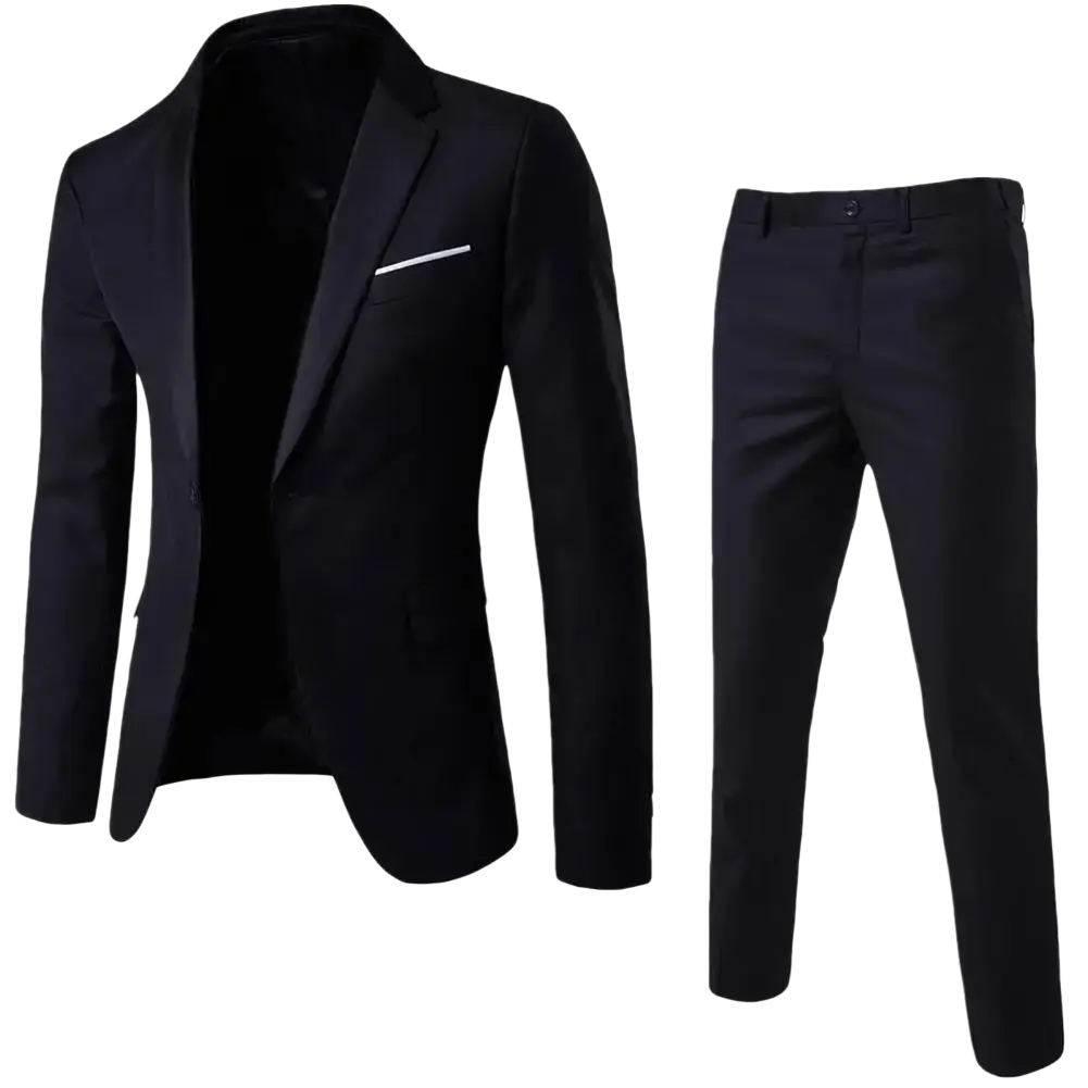 Black solid color men slim fit long sleeve tailored suit jacket with white pocket square and matching pants length