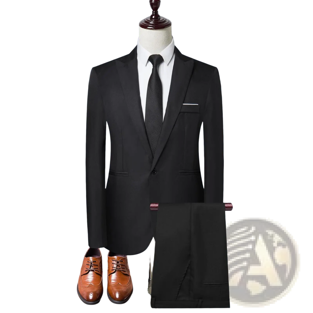Black tailored suit jacket with notched lapels and single button from men solid color two piece leisure suit displayed on mannequin