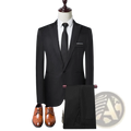 Black tailored suit jacket with notched lapels and single button from men solid color two piece leisure suit displayed on mannequin