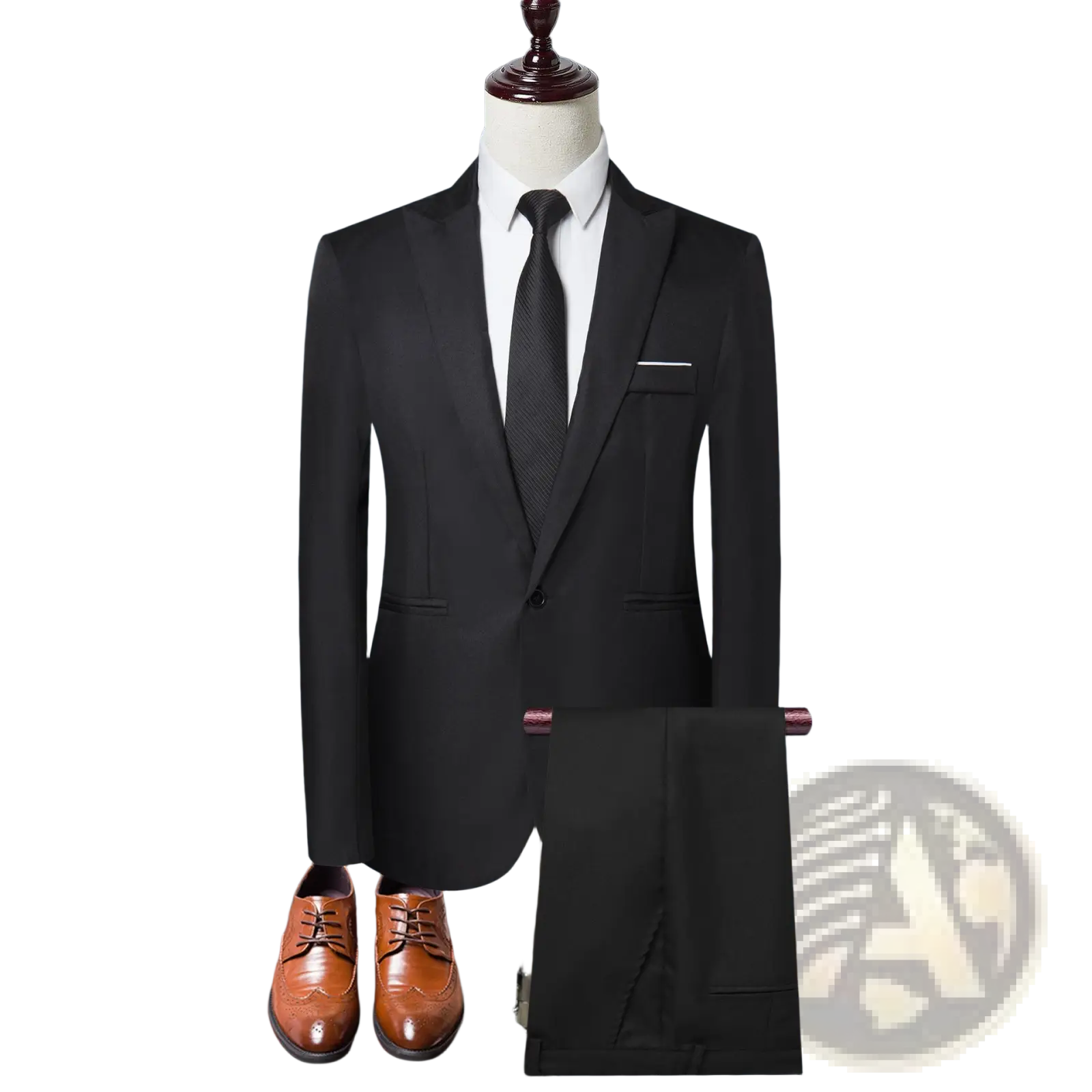 Men solid color two piece leisure suit featuring a black tailored jacket with notched lapels and matching trousers