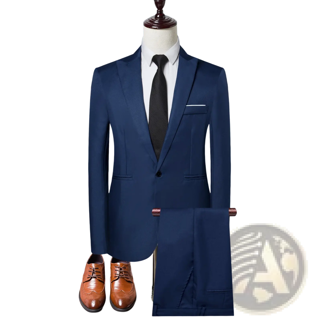 Navy blue men solid color two piece leisure suit with matching trousers and a black tie in tailored fit