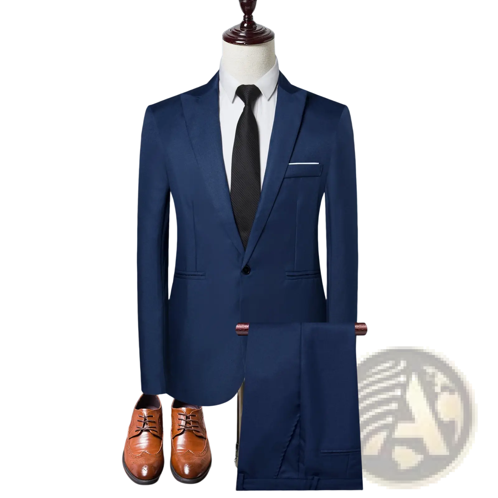 Navy blue men solid color two piece leisure suit with matching trousers and a black tie in tailored fit