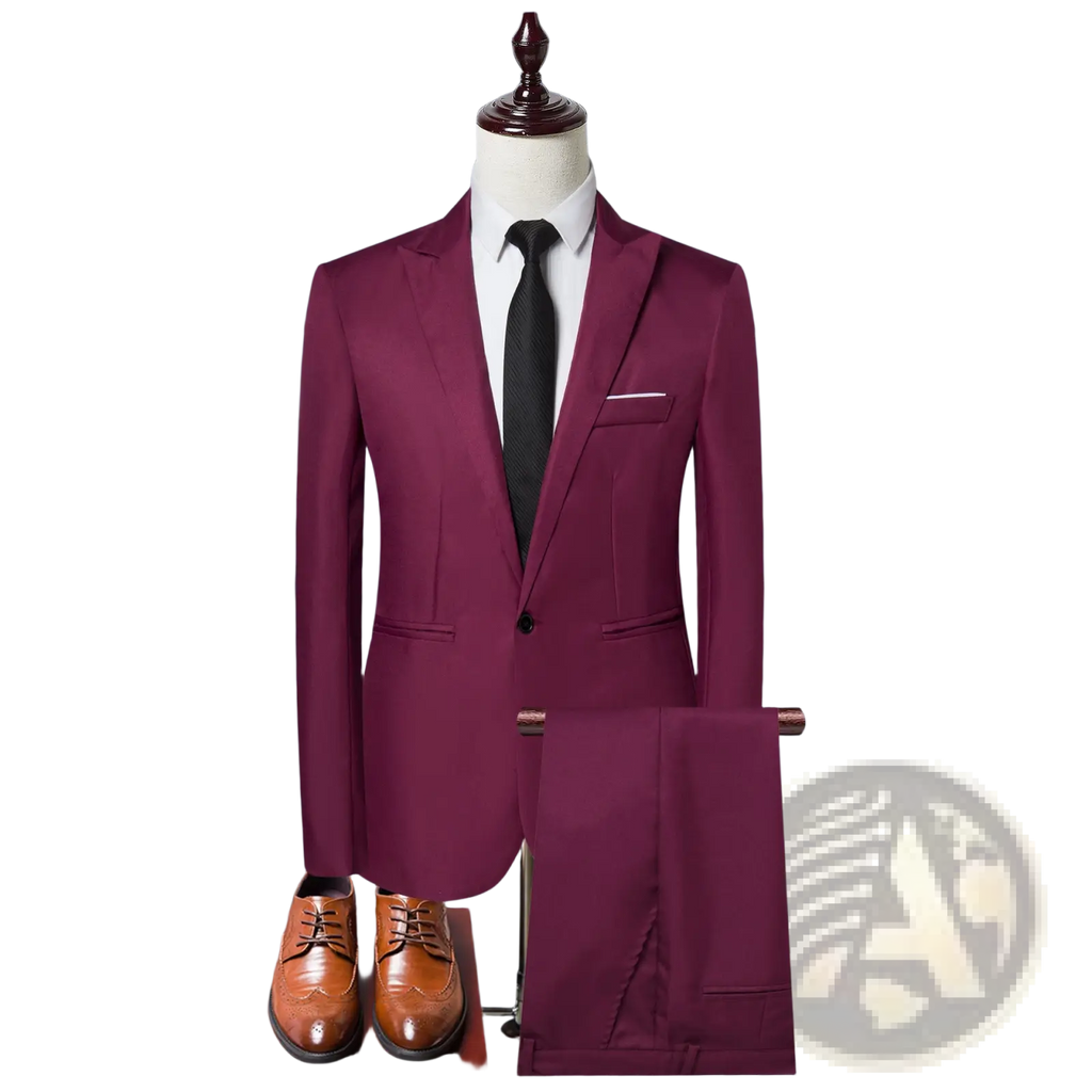 A sleek burgundy solid color two piece leisure suit with modern cut and matching trousers for men