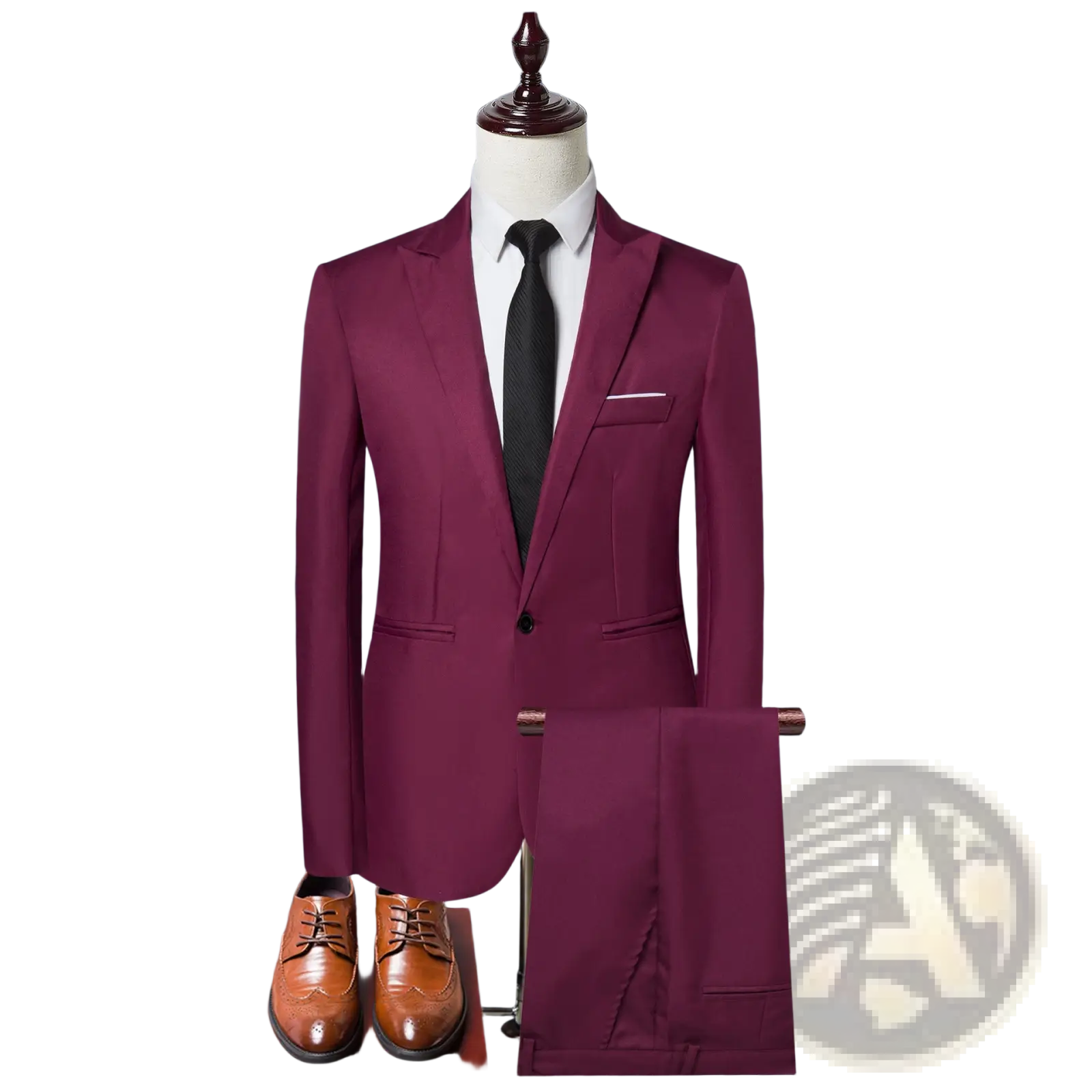 A sleek burgundy solid color two piece leisure suit with modern cut and matching trousers for men