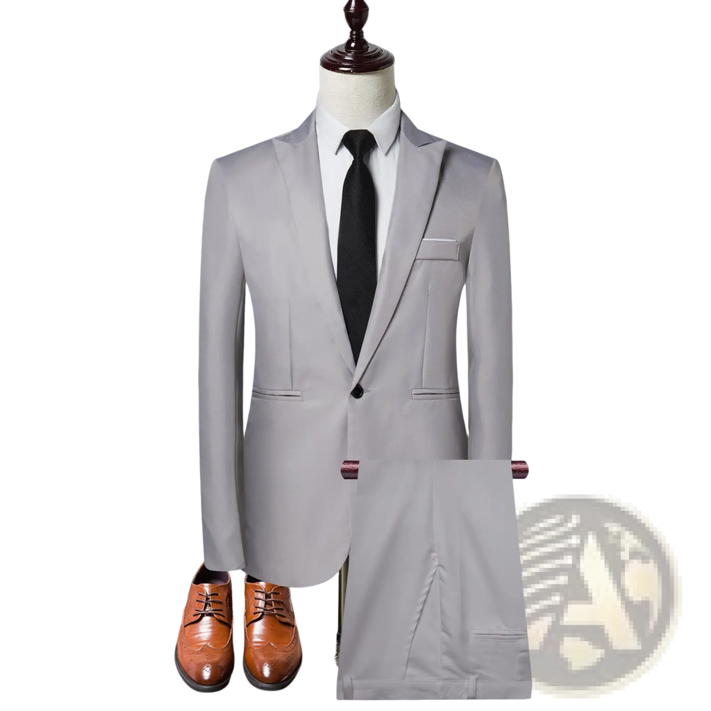 Men solid color two piece leisure suit in light gray fabric with single-breasted design and notched lapels