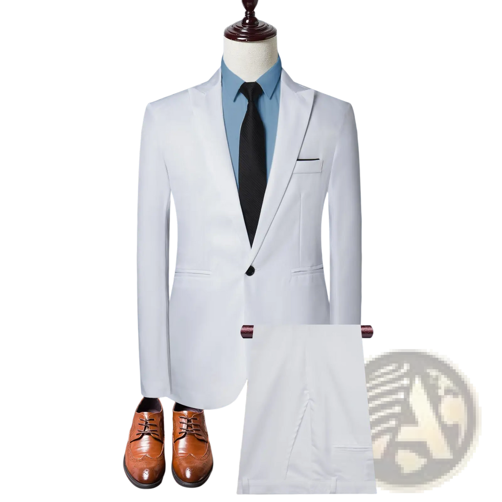 White tailored suit jacket with black button and matching trousers displayed on a mannequin for men solid color leisure wear