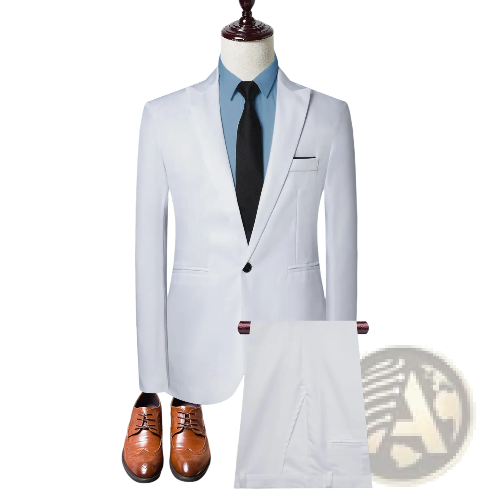 White tailored suit jacket with black button and matching trousers displayed on a mannequin for men solid color leisure wear