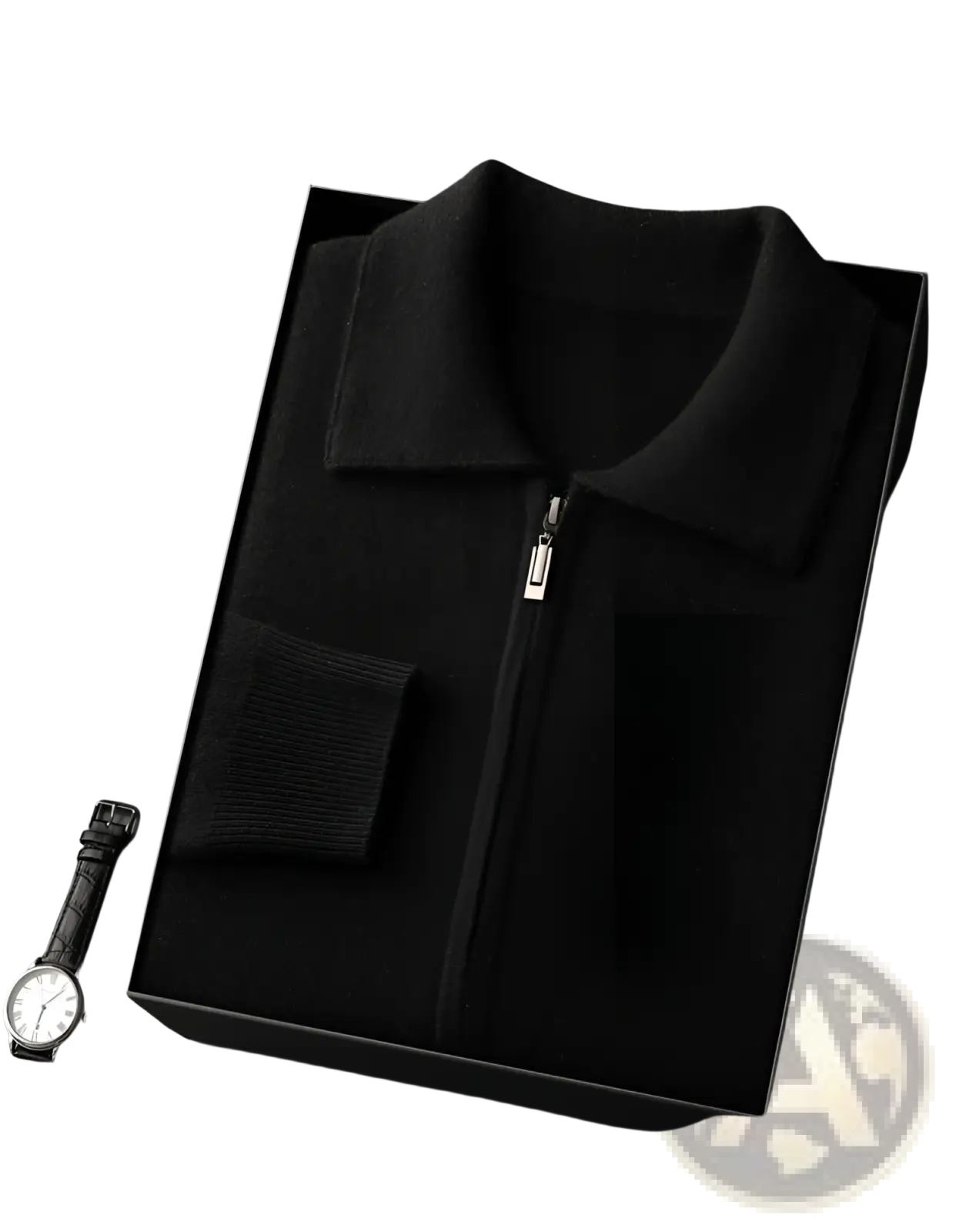 Men solid color warm knitted cardigan zip jacket black with ribbed collar and cuffs in an elegant gift box