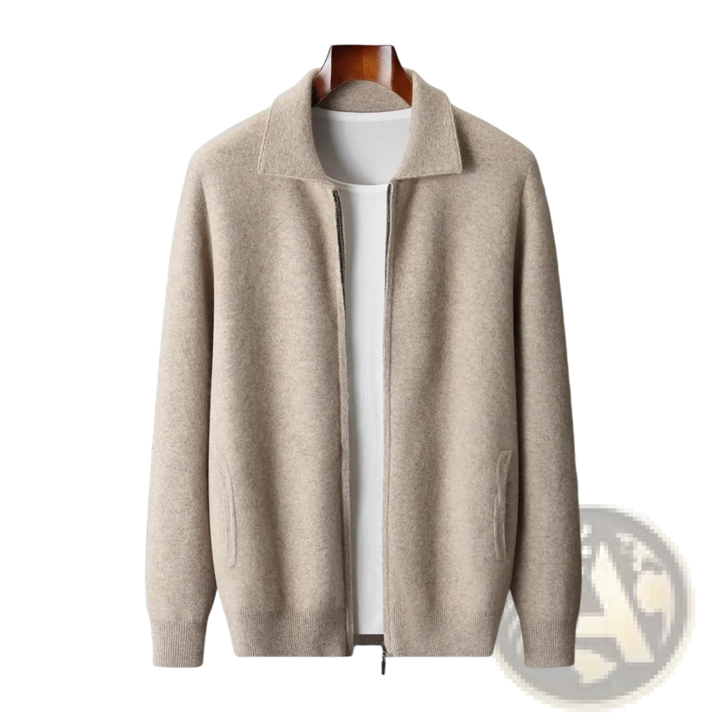 Beige knit zip-up jacket with collar and two side pockets warm knitted cardigan for men
