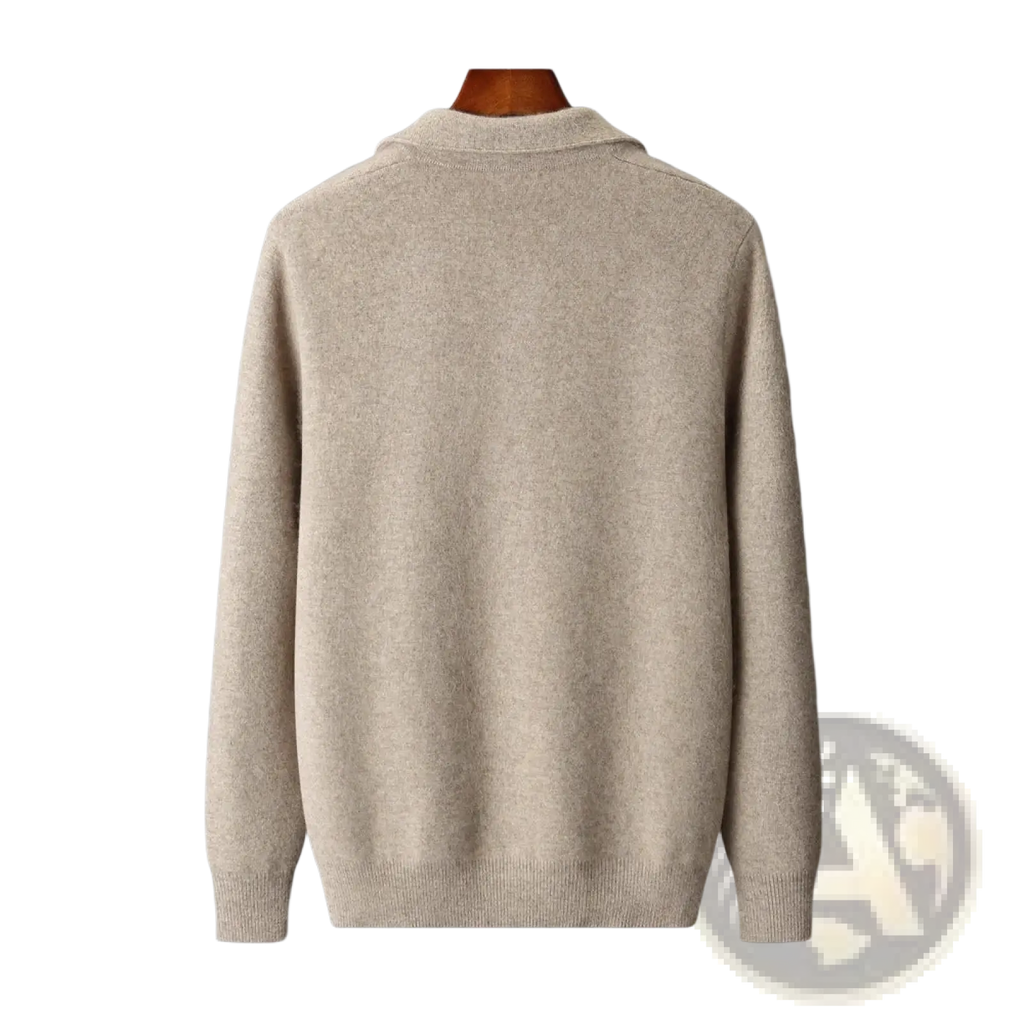 Beige textured knit men solid color warm knitted cardigan zip jacket with collar displayed on wooden hanger