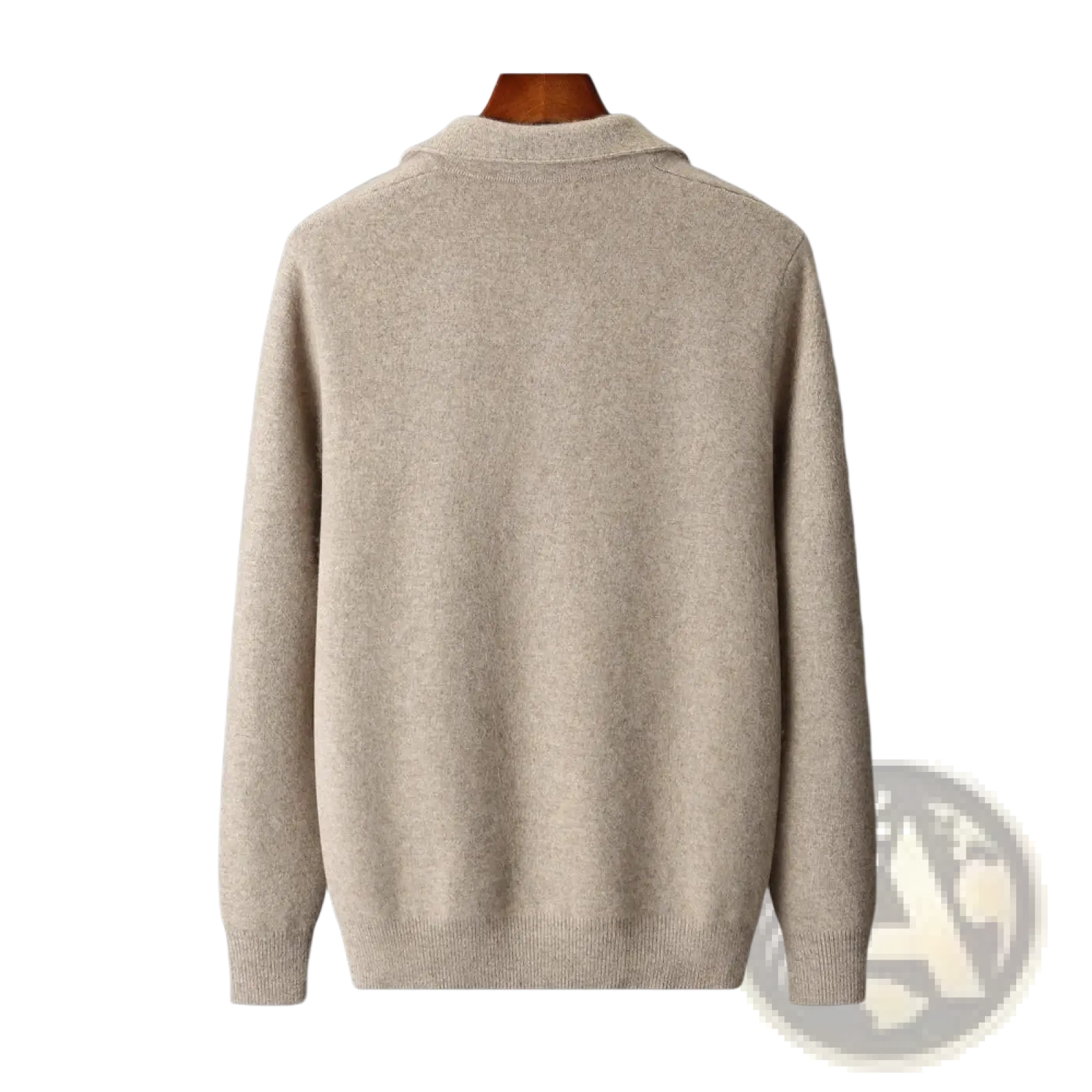 Beige textured knit men solid color warm knitted cardigan zip jacket with collar displayed on wooden hanger