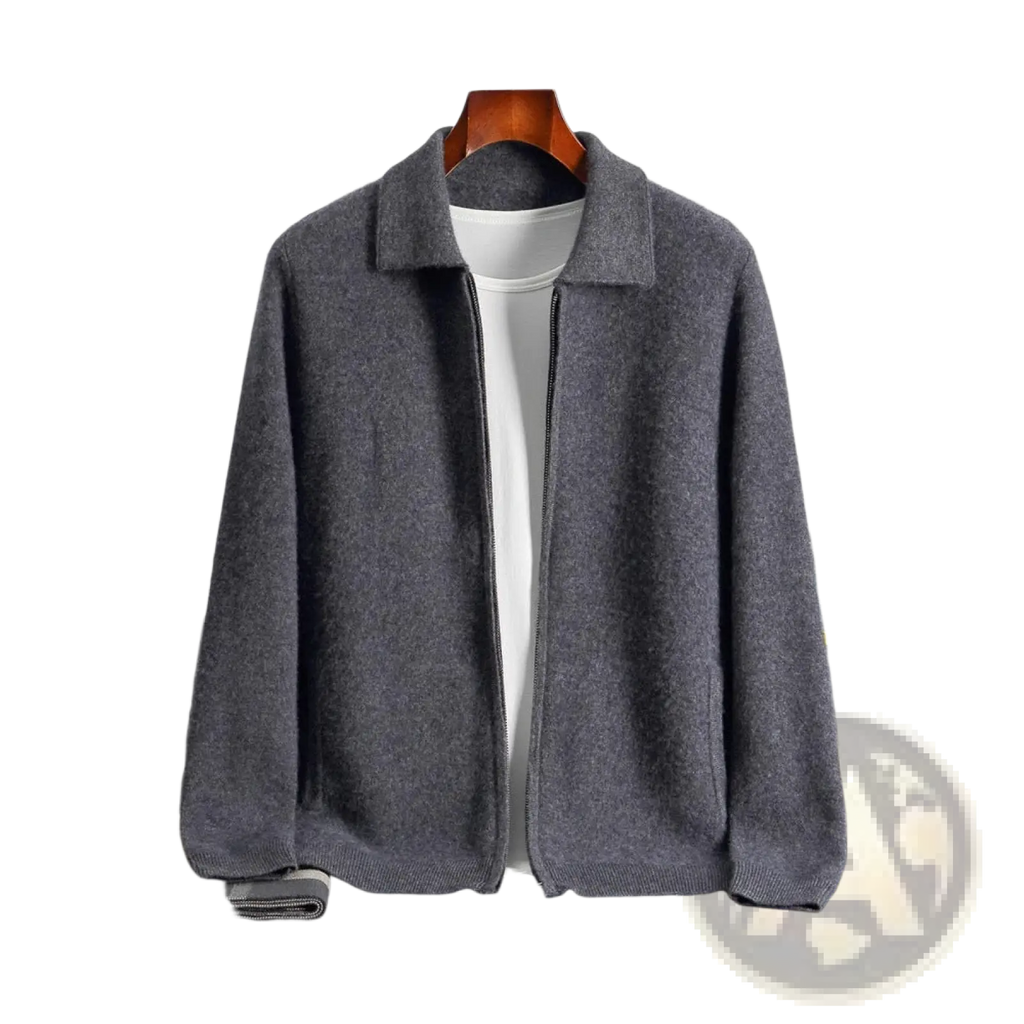 Men solid color warm knitted gray woolen zip-up jacket with classic collar and ribbed cuffs for cold weather