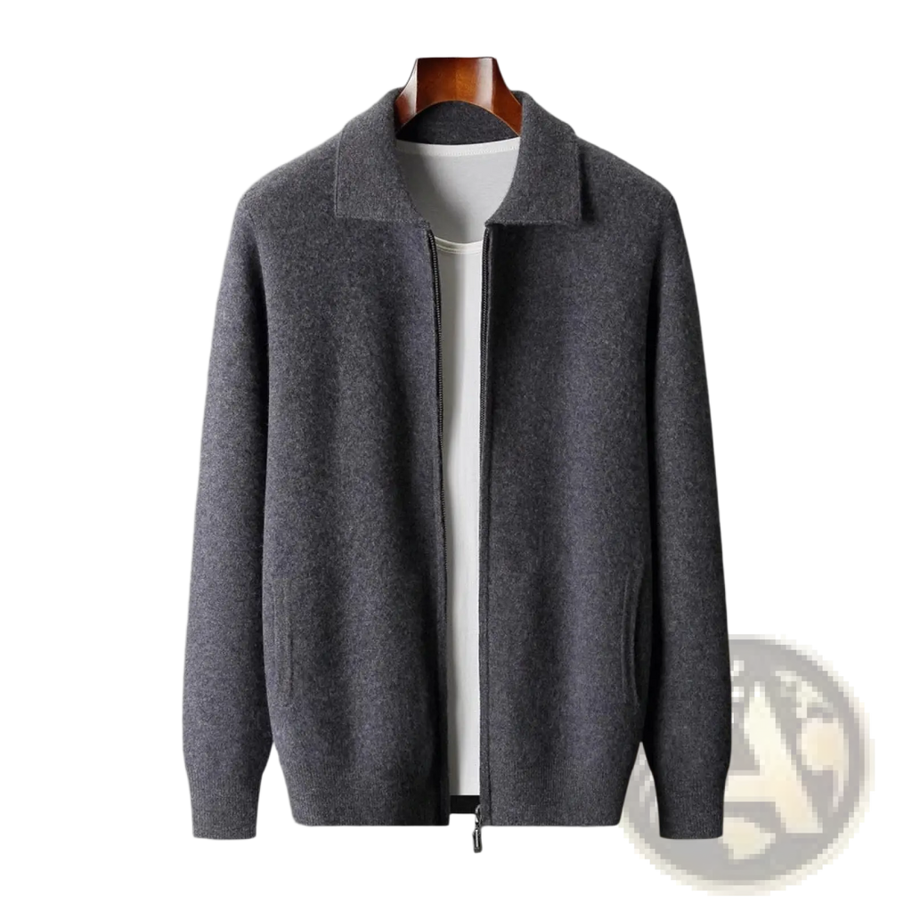 Men solid color warm knitted cardigan zip jacket in gray woolen fabric with collar and front pockets