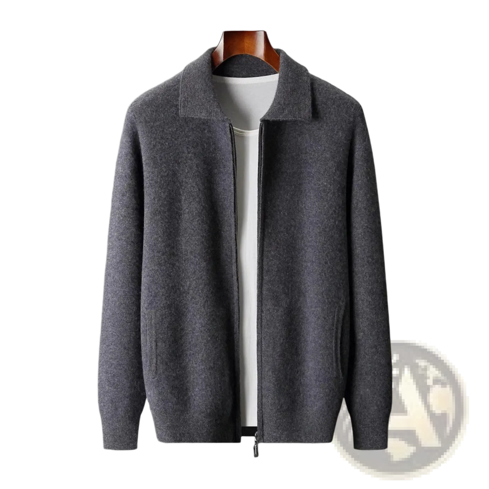 Men solid color warm knitted cardigan zip jacket in gray woolen fabric with collar and front pockets