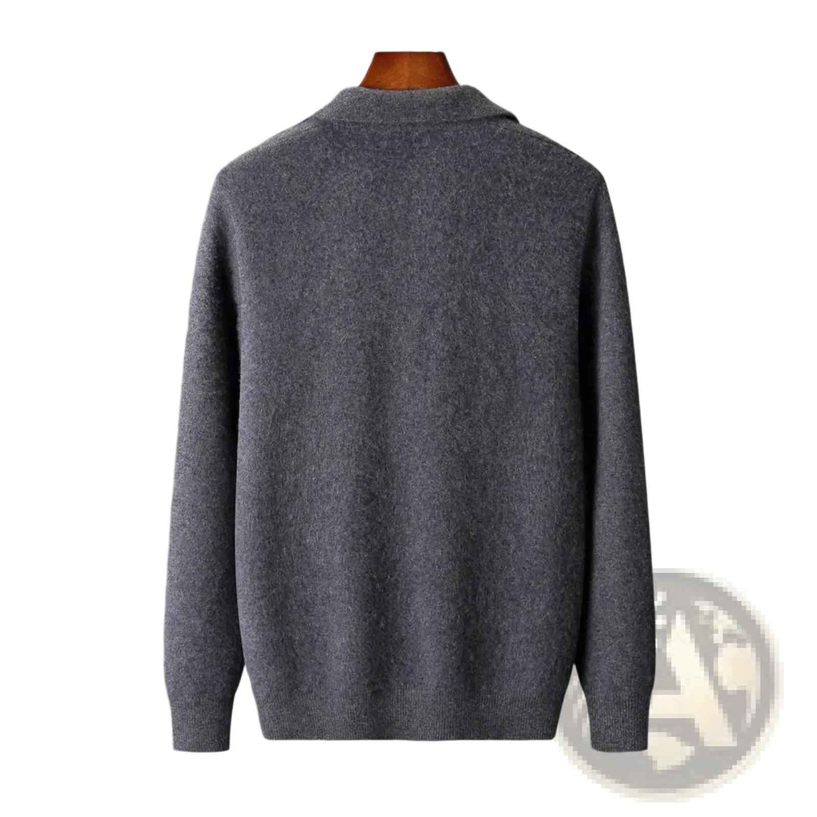 Men solid color warm knitted cardigan zip jacket in soft heathered gray knit with classic collar and ribbed cuffs