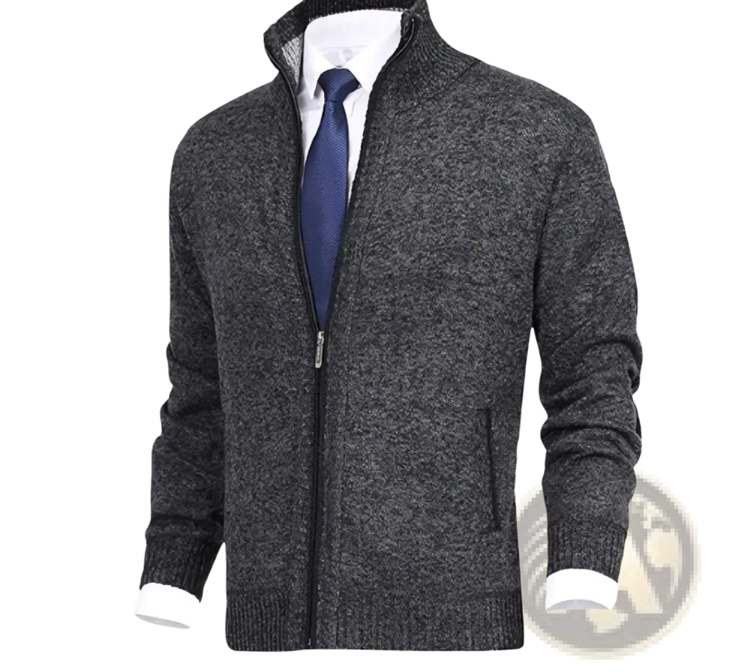 Men solid dark gray zip-up cardigan sweater with textured knit, ribbed cuffs and collar, paired with white shirt and blue tie