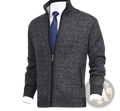 Men solid dark gray zip-up cardigan sweater with textured knit, ribbed cuffs and collar, paired with white shirt and blue tie
