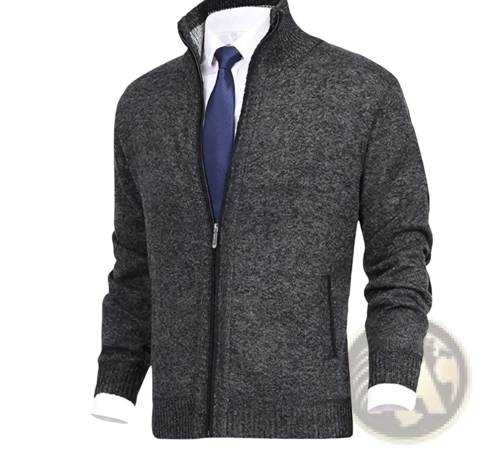 Men solid dark gray zip-up cardigan sweater with textured knit, ribbed cuffs and collar, paired with white shirt and blue tie