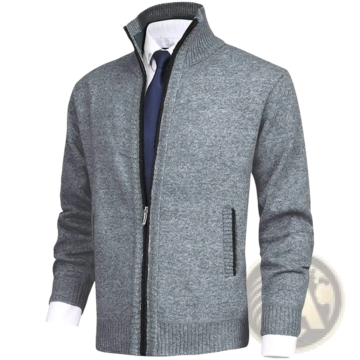 Men solid stand collar cardigan sweater in light gray knit with ribbed cuffs hem zip-up and front pockets