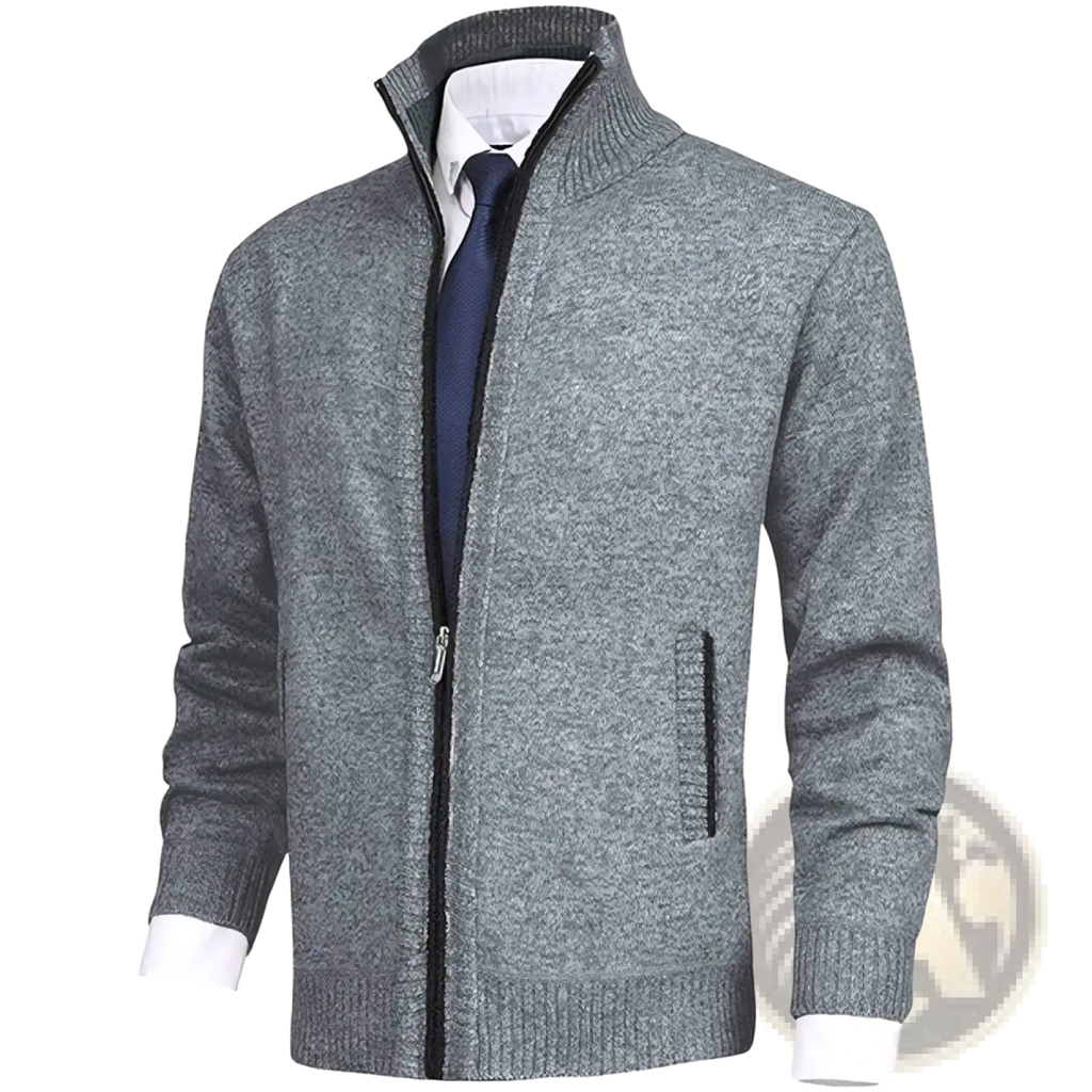 Men solid stand collar cardigan sweater in light gray knit with ribbed cuffs hem and front pockets