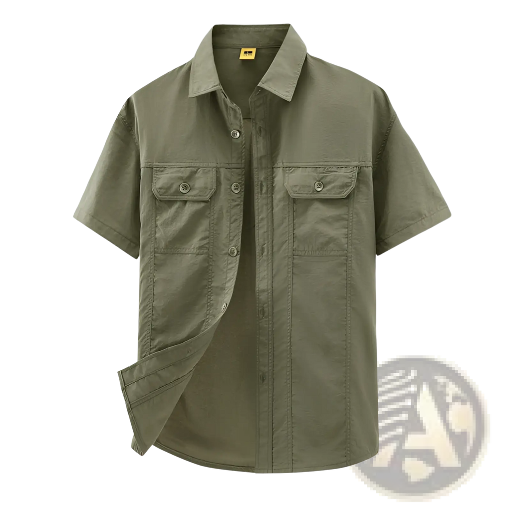 Men solid workwear olive green short-sleeved button-up shirt with collar and two chest pockets for casual use