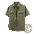 Men solid workwear olive green short-sleeved button-up shirt with collar and two chest pockets for casual use