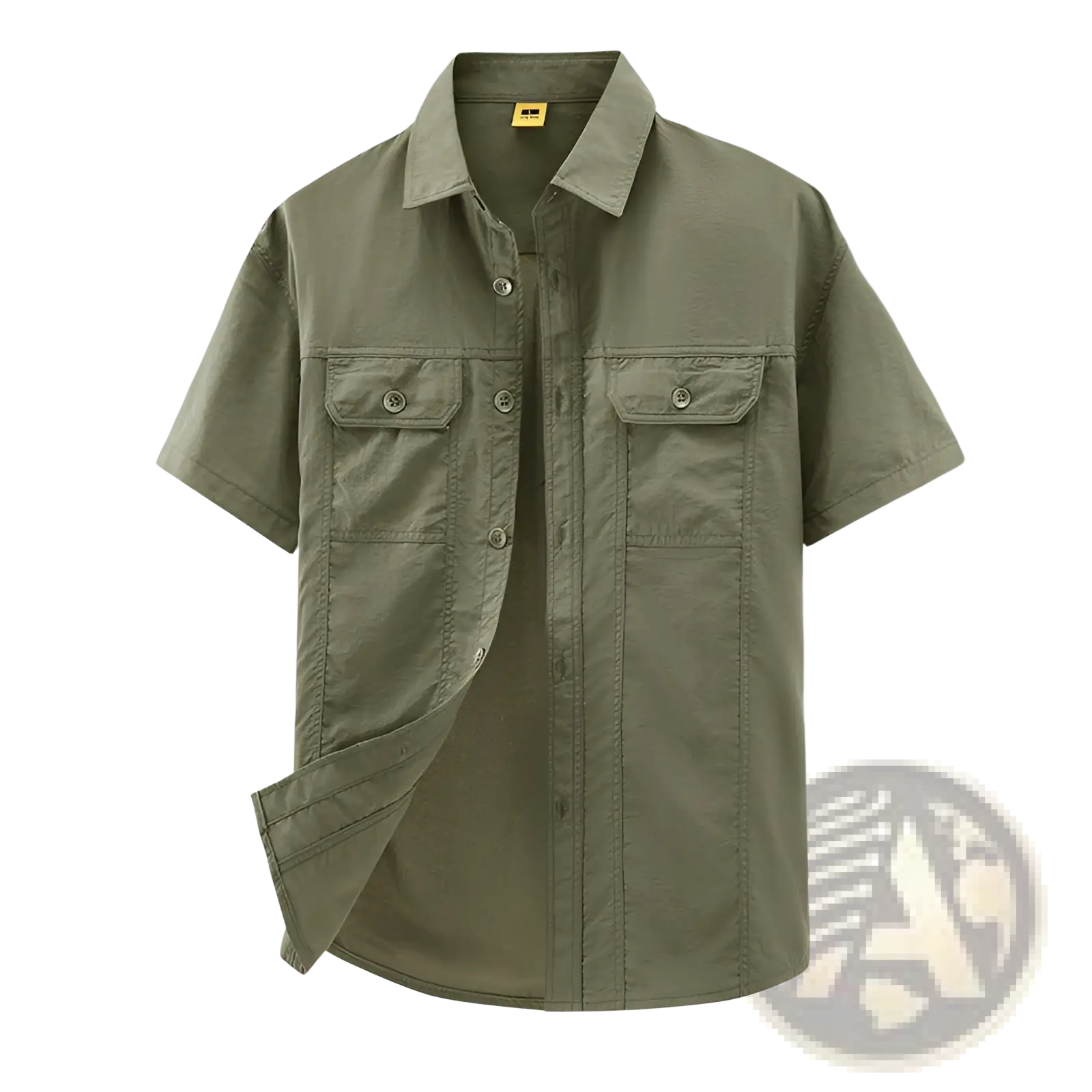 Men solid workwear olive green short-sleeved button-up shirt with collar and two chest pockets for casual use