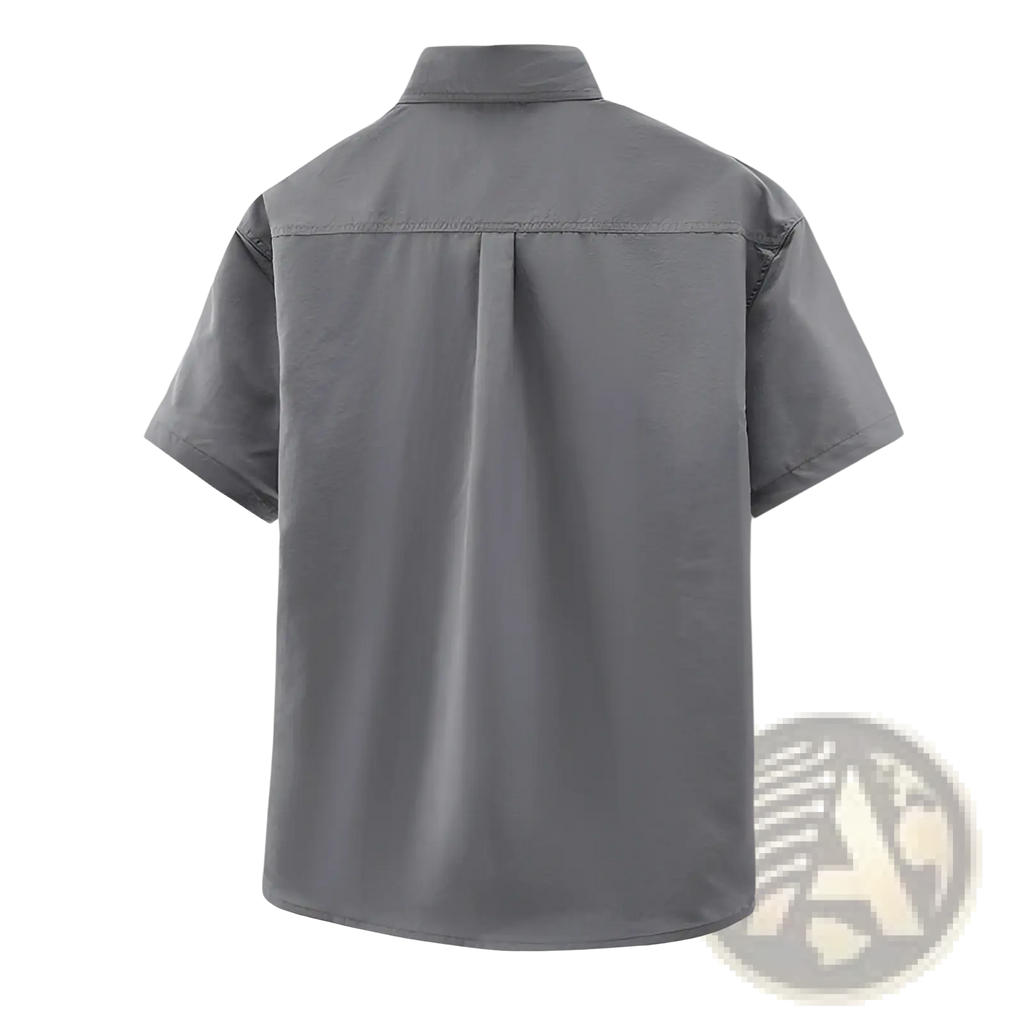 Men solid workwear shirt short sleeve in gray with classic collar and subtle stitching details displayed from the front