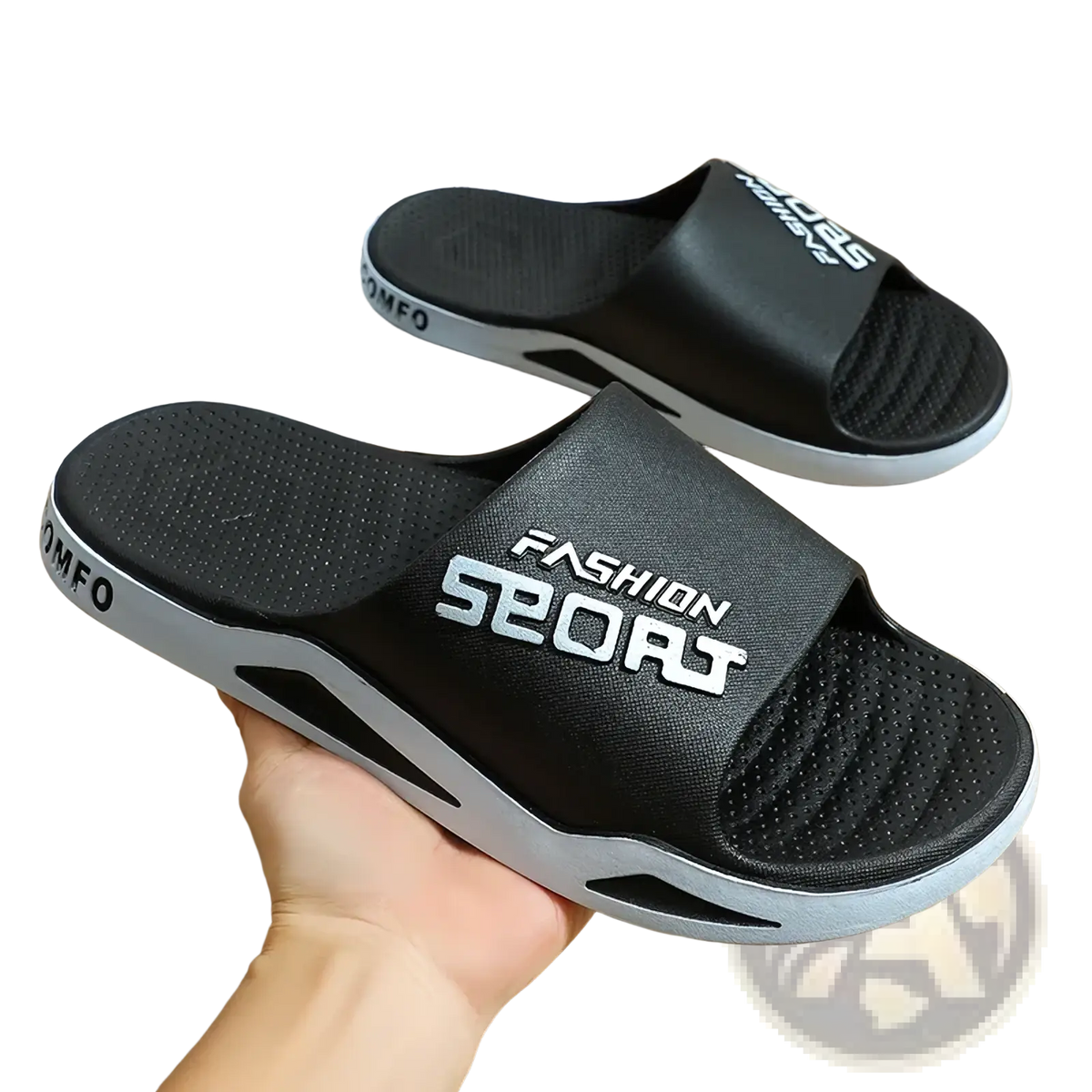 Black and white men sport slide sandals with textured upper perforated footbed and cushioned non skid sole