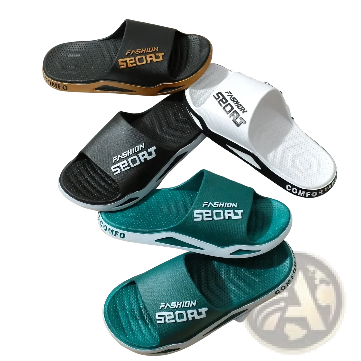 Men sport slide sandals with black white teal green color, gold accents, fashion sport branding, and non-skid sole for summer use