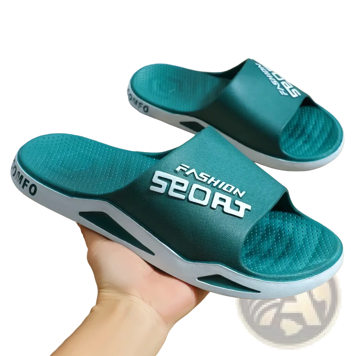 Men sport slide sandals in teal and white with fashion sport branded strap designed as non-skid summer slippers
